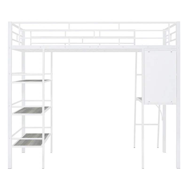 White Twin Loft Metal Bed with Shelves