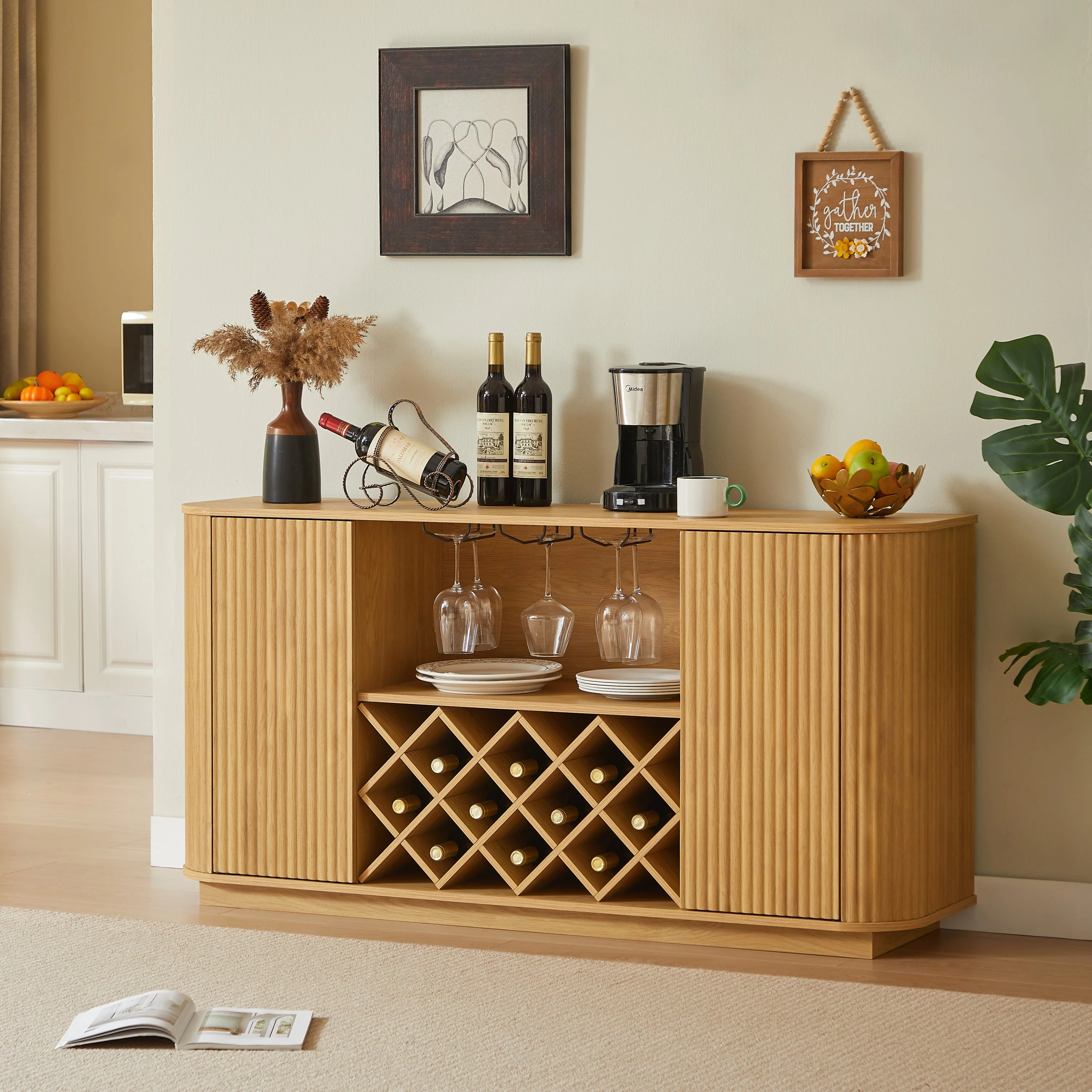 Modern Fluted Curve 58' Wine Rack Bar Cabinet / Sideboard