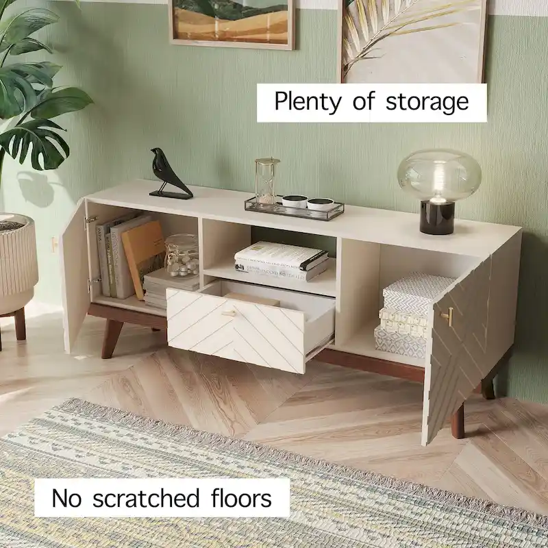 Living Skog Alba Beige TV Stand Console with Drawer Fits TV's up to 65 in. with Wood Legs Mid Century Modern Design