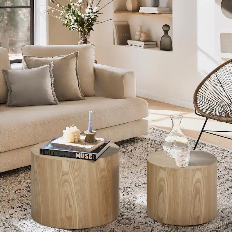 Modern Farmhouse Round Accent Nesting Side Coffee Table Set (Set of 2)