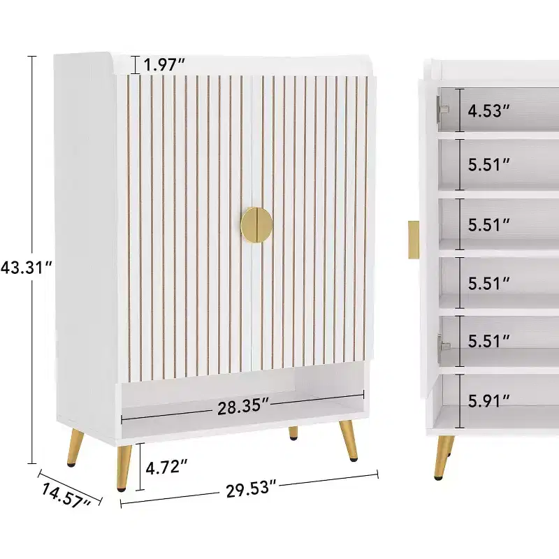 Lantine Shoe Cabinet with Doors, 6-Tier Shoe Storage Cabinet with Adjustable Shelves for Entryway, Hallway, Closet, Living Room, White & Gold