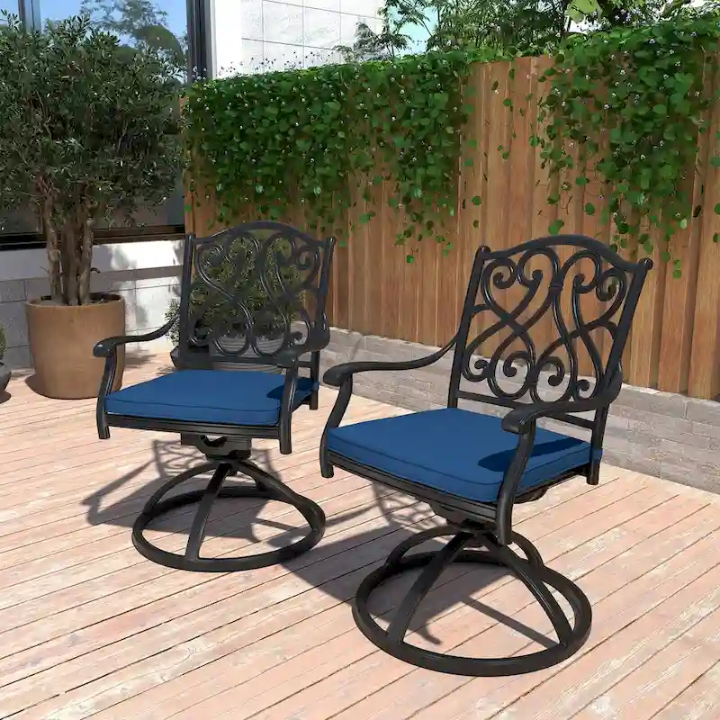 Patio Cast Alum Carved Swivel Dining Chairs with Cushions(Set of 2)