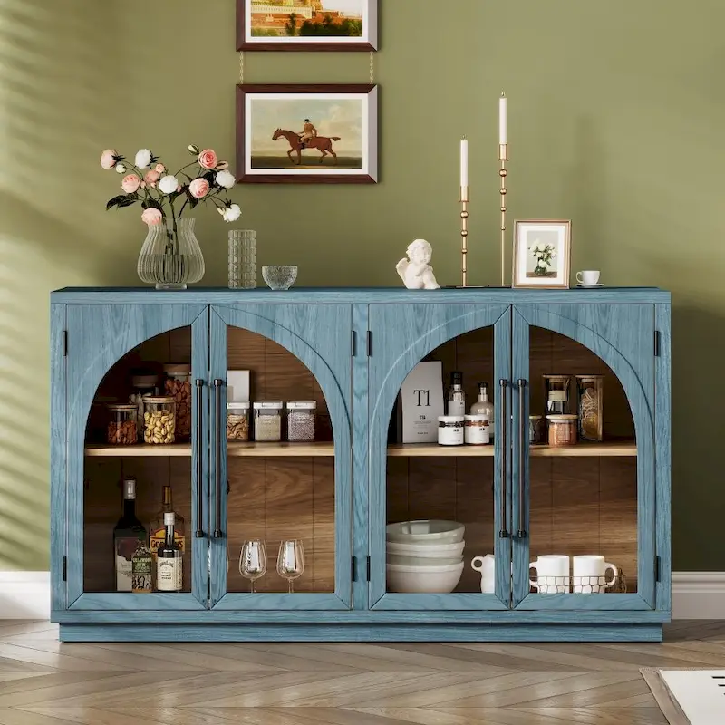 4-Door Large Storage Retro Sideboard with Metal Handles and Adjustable Shelves