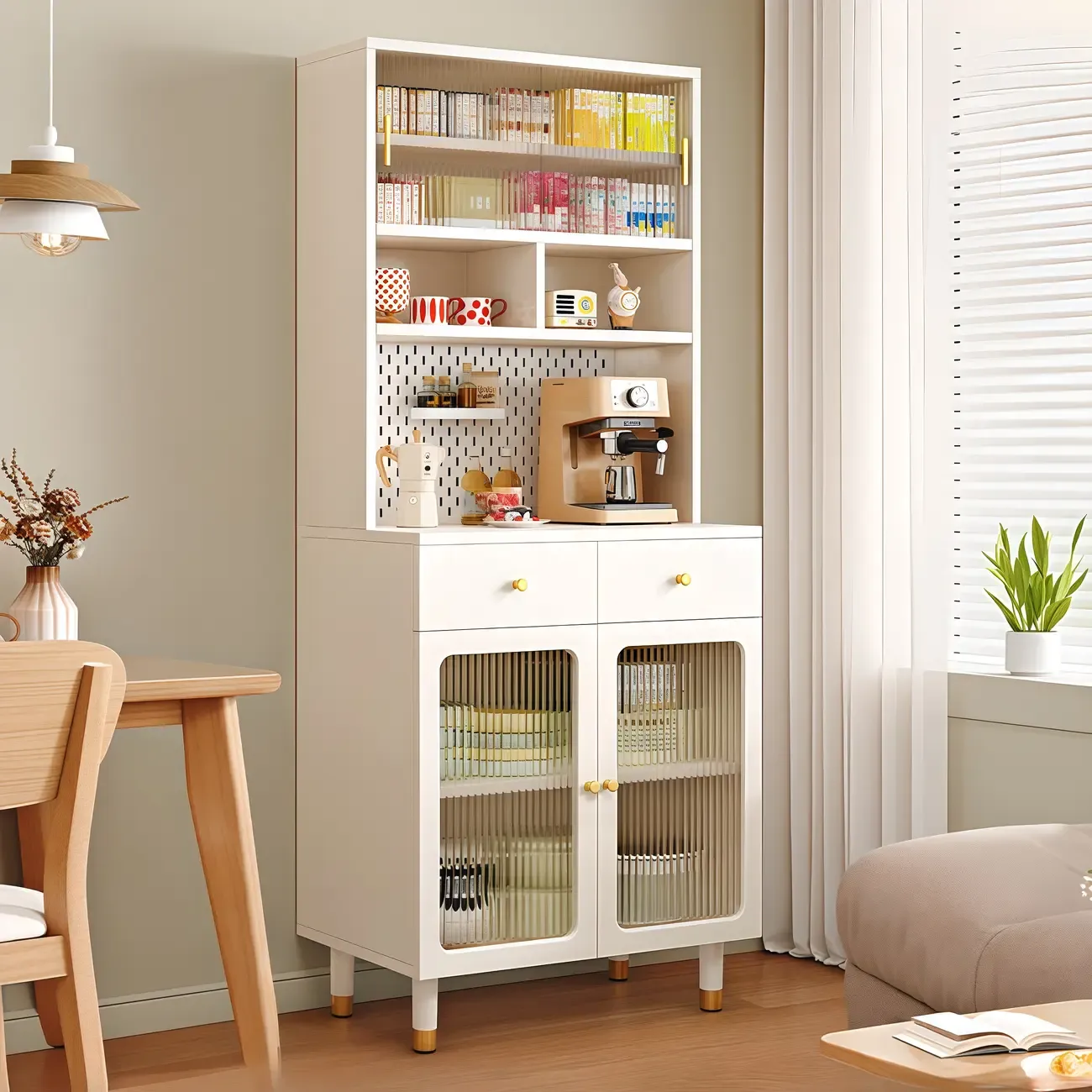 Freestanding Wooden Open Display Buffet Cabinet with Drawer
