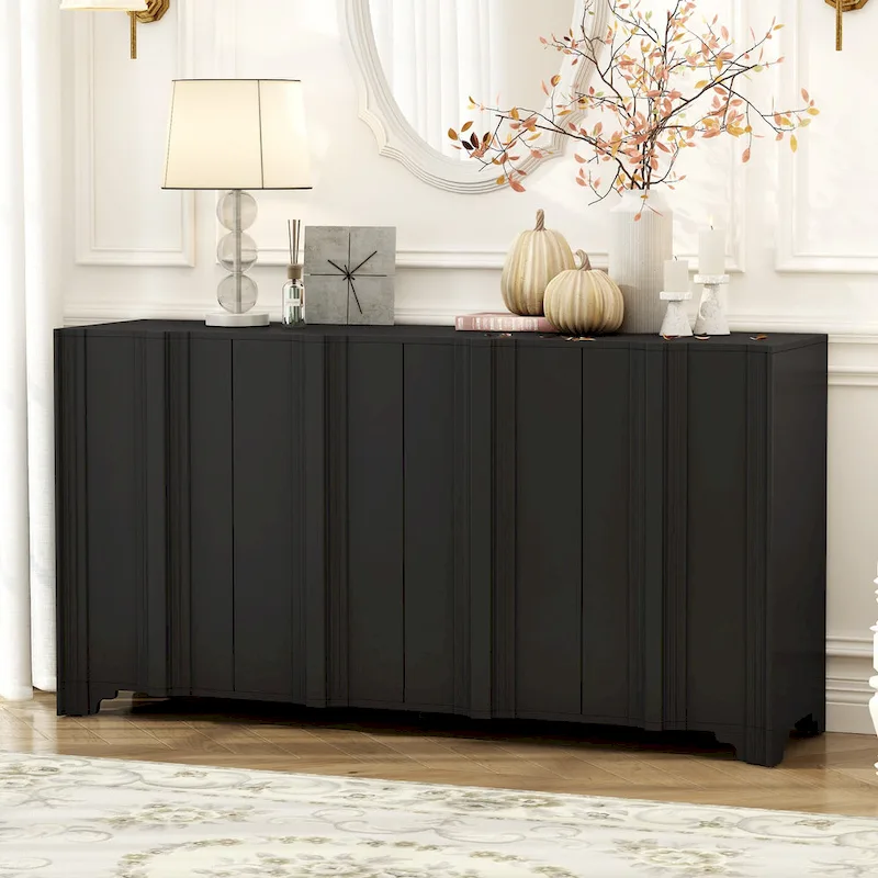 Black 4-Door Sideboard with Linear Accents & Pine Veneer Panels