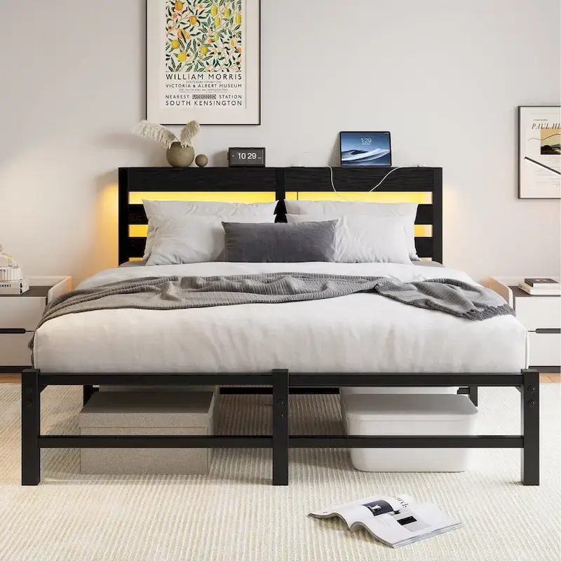 Queen Metal Bed Frame with Wooden Headboard, LED Lighting and Storage Headboard