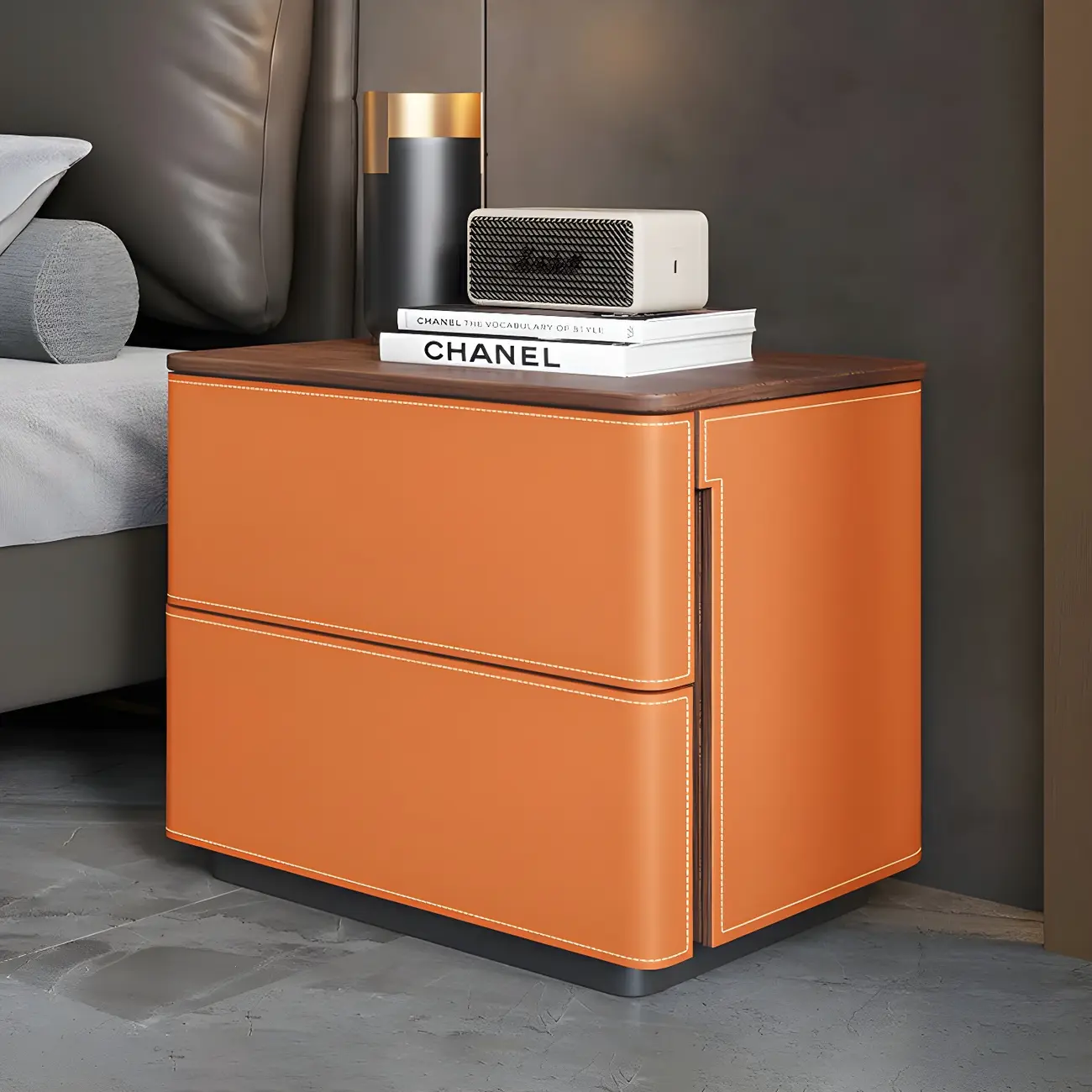 Modern Faux Leather Wood Top Drawers Nightstand