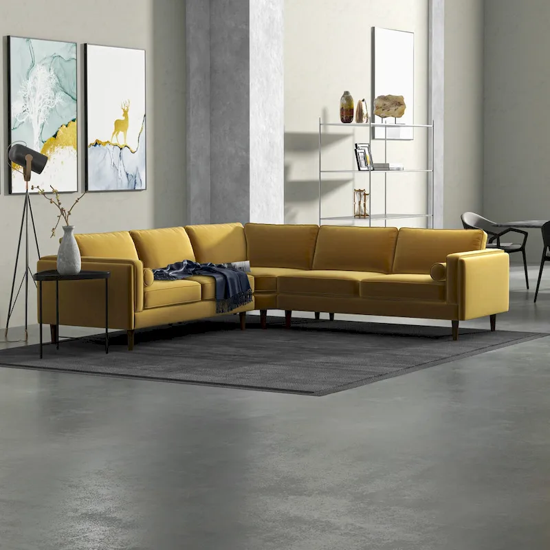 Flavio Mid Century Pillow Back Velvet Symmetrical Corner Sofa in Gold