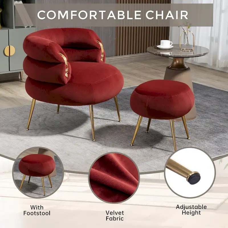Wine Red Upholstered Barrel Chair with Ottoman and Metal Legs
