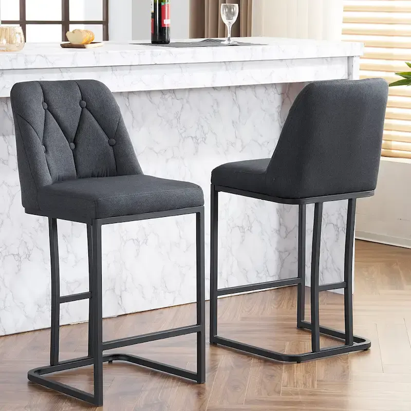 Upholstered Bar Stools Set of 2, Counter Height Bar Stools with Button-Tufted Backrest, Kitchen Island Chairs with Metal Frame