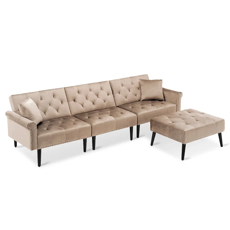 Convertible Velvet Sofa Couch, Sectional Sofa with Ottoman, Mid-Century Futon Sofa Bed - 32D x 100.7W x 29.9H