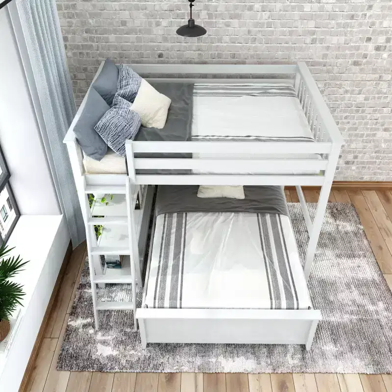 L-Shaped Full over Full Bunk Bed with Bookcase
