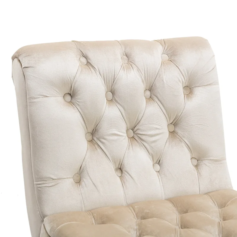 Beige Velvet Accent Chair with Button Tufting and Wooden Legs