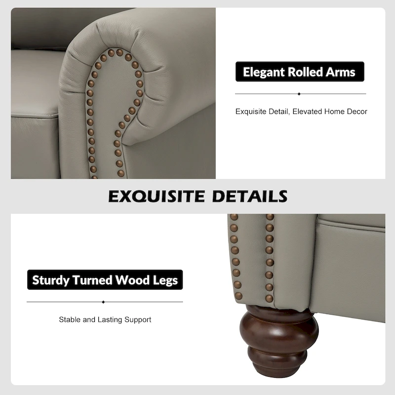 Balvino 81 Wide Transitional Genuine Leather Rolled Arm Sofa with Nailhead Trim and Removable Cushions