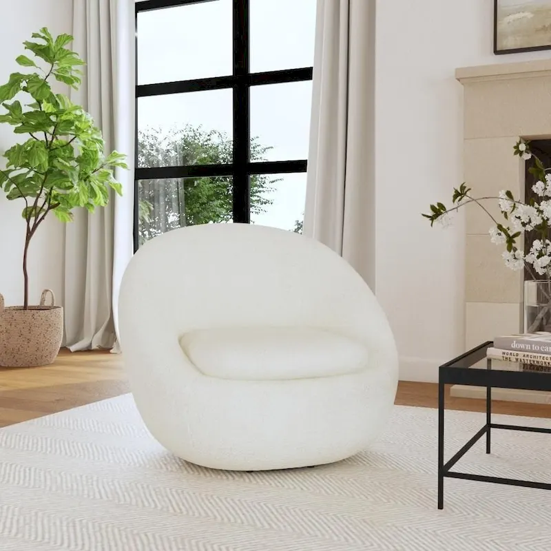 HomePop Round Barrel Shape Swivel Chair-White Sherpa