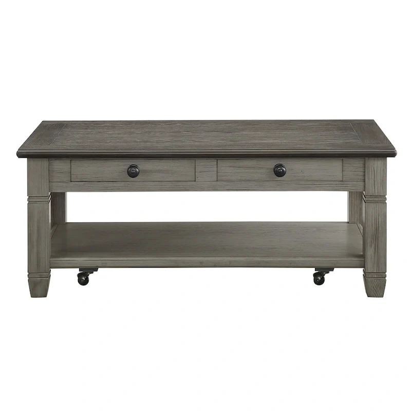 Rome 48 Inch Cocktail Table, 2 Drawers, Casters, Brown and Gray Solid Wood