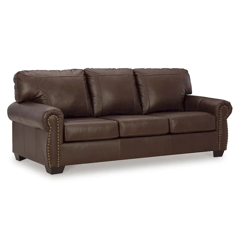 92 Inch Sofa, Nailhead Trim, Cushion Seating, Brown Leather Upholstery