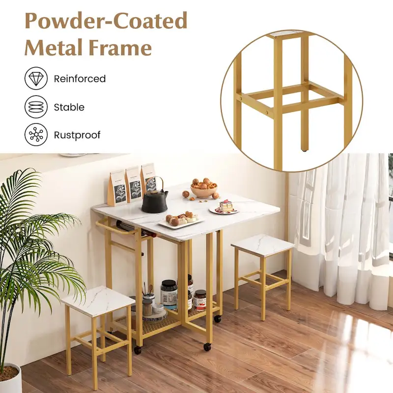 Costway 3 PCS Rolling Dining Table Set Extendable Kitchen Table 2