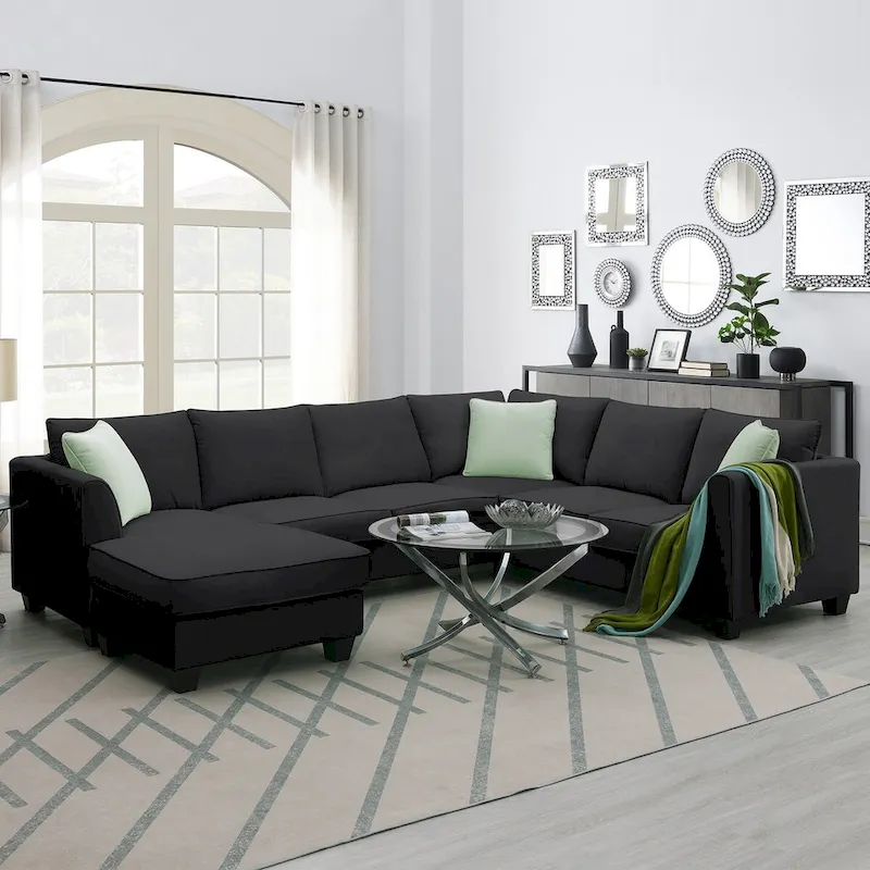 112-inch L-shaped 7-seat Modular Sectional Sofa with Ottoman and Three Pillows - 112W x 87D x 33H