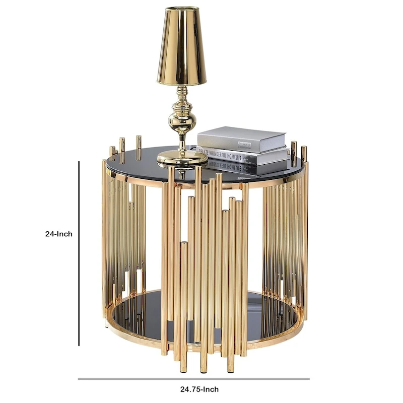 Modern Metal and Glass End Table with Tubing Design, Black and Gold