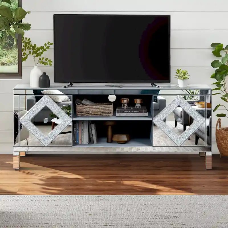 59 TV Stand with Diamond-Shaped Mirror Doors and Storage for TVs Up to 65