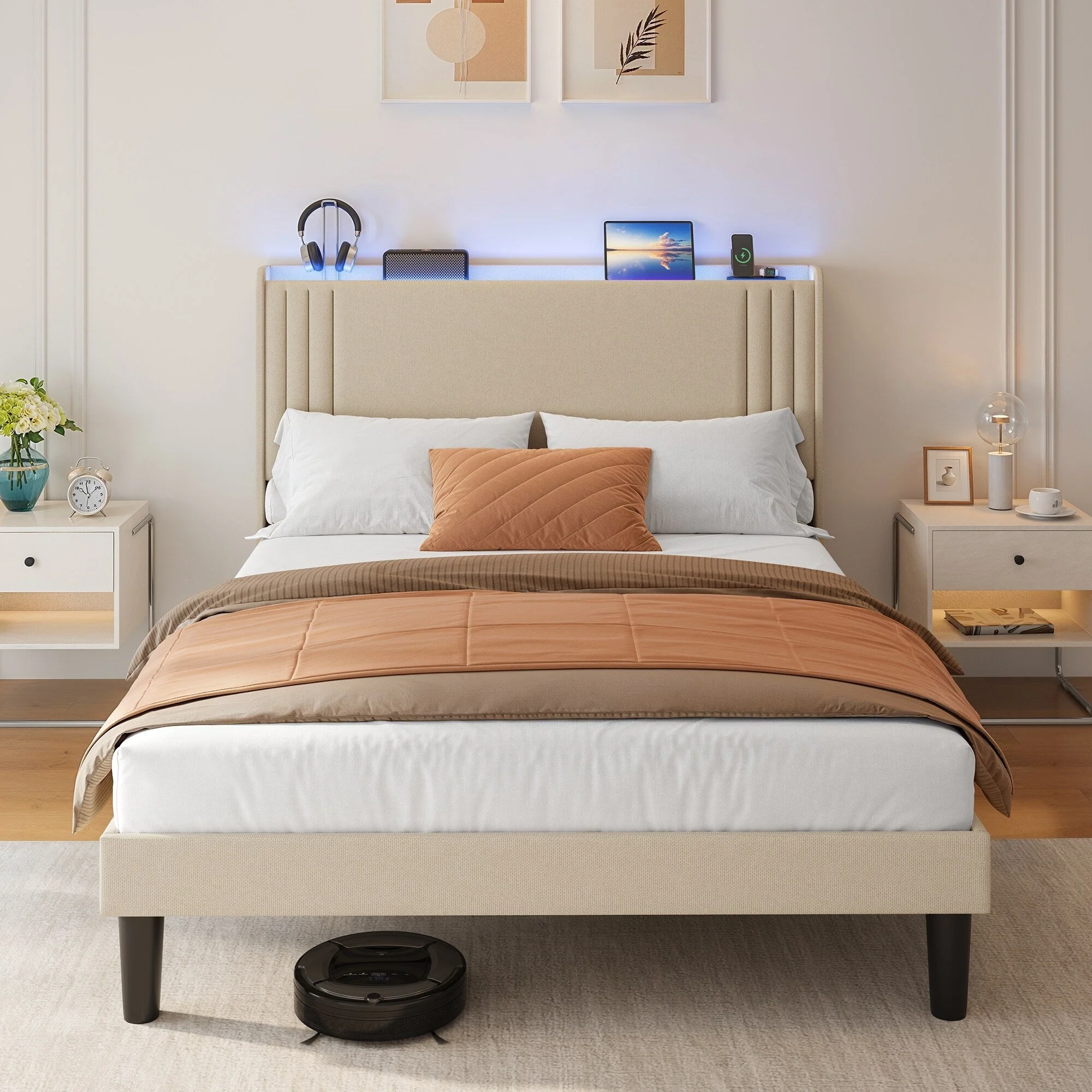 Queen/ Full Vertical Channels Upholstered Bed with Wingback Headboard