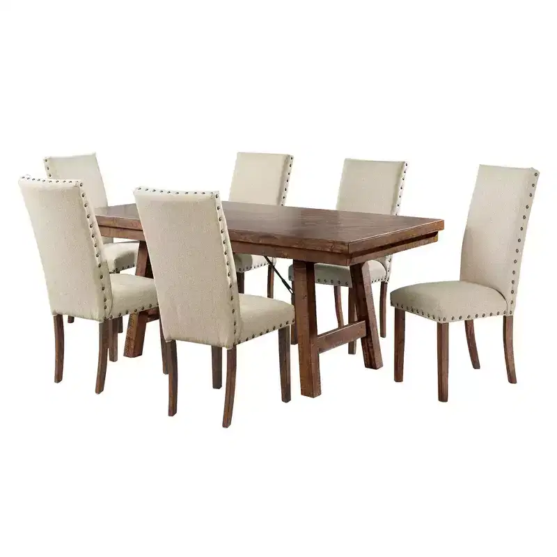 Dex 7pc Extendable Dining Table Set and 6 Upholster Side Chairs Walnut Brown/Cream - Picket House Furnishings: Smokey Finish, Flared Legs