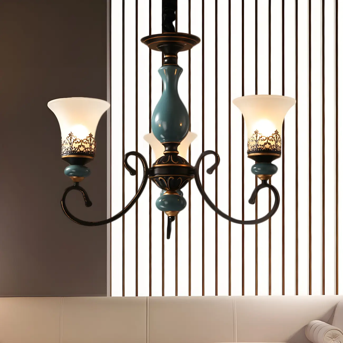 Classical Frosted Glass Blue Ceramic Up Chandelier