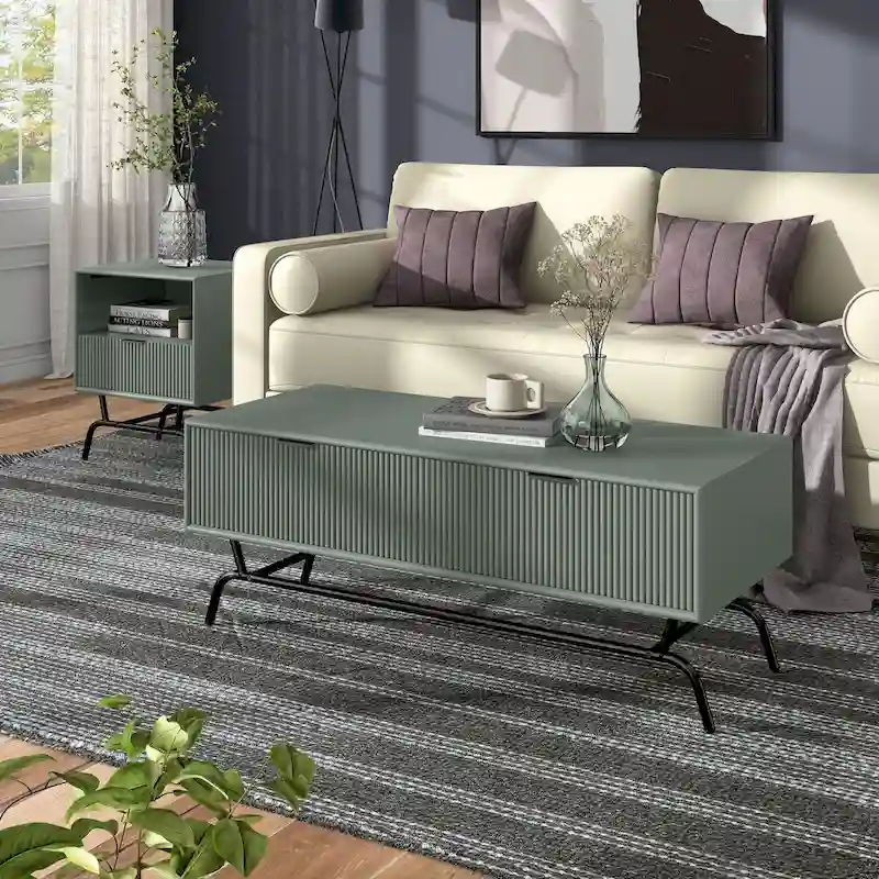 DH BASIC 2-Piece Modern Coffee Table and End Table Set with 3D Wave Accented Drawers by Denhour