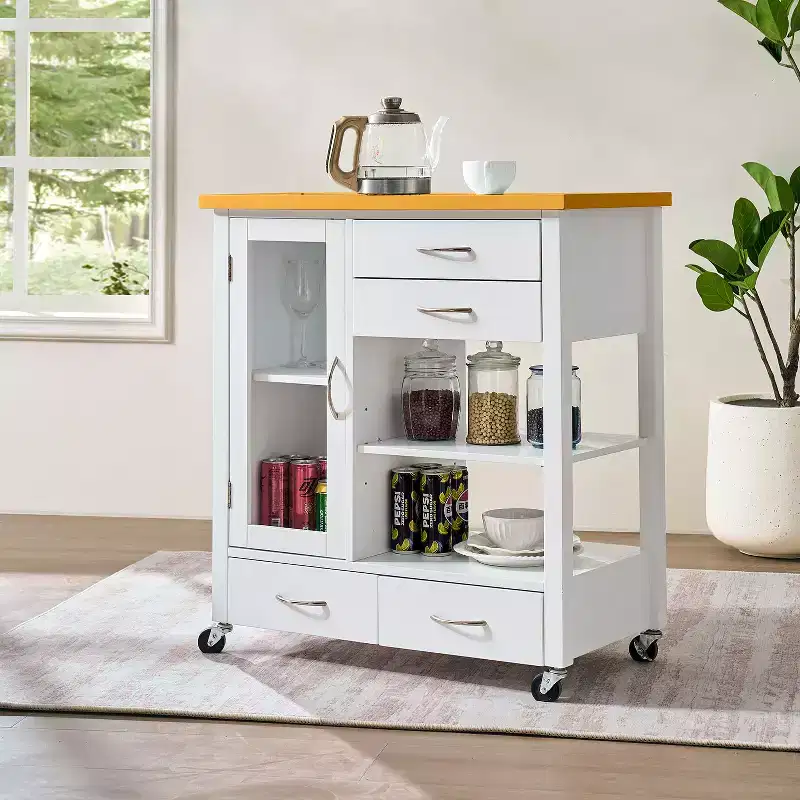 Kitchen Island Cart with Glass Cabinet Door, 4 Drawers, Towel Bar, White & Oak, 33