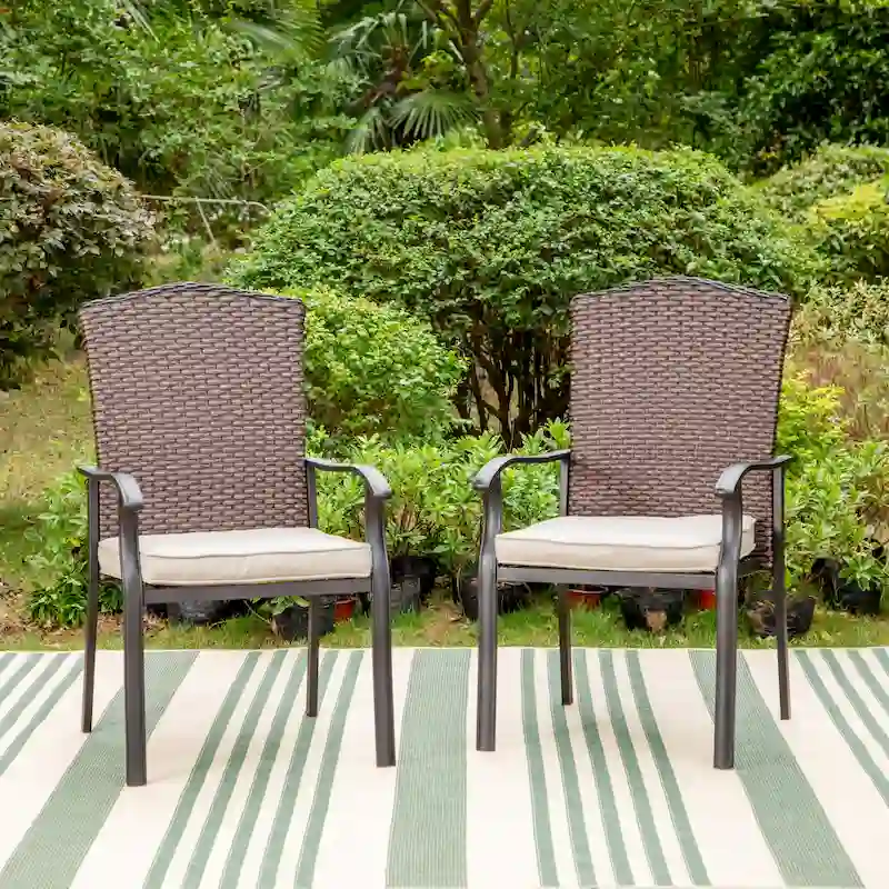 Patio Rattan Wicker Fixed Armrest Dining Chair with CushionSet of 2/4/6