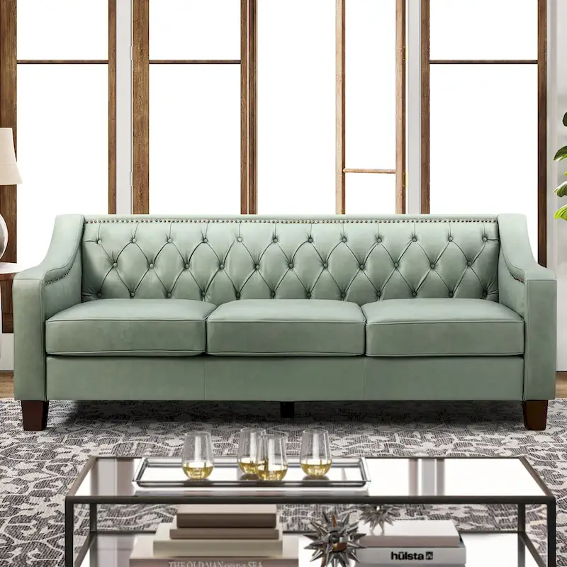Mateo 82.28 Wide Transitional Genuine Leather Sofa with Nailhead Trim and Button-Tufted Back