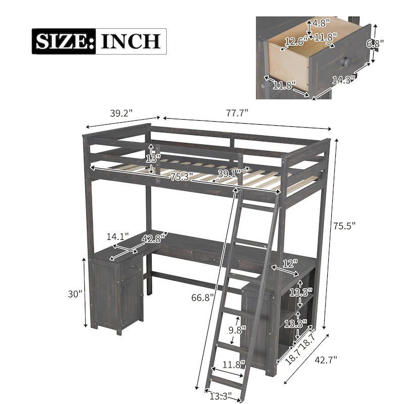 Twin Size Loft Bed with U-shaped Desk