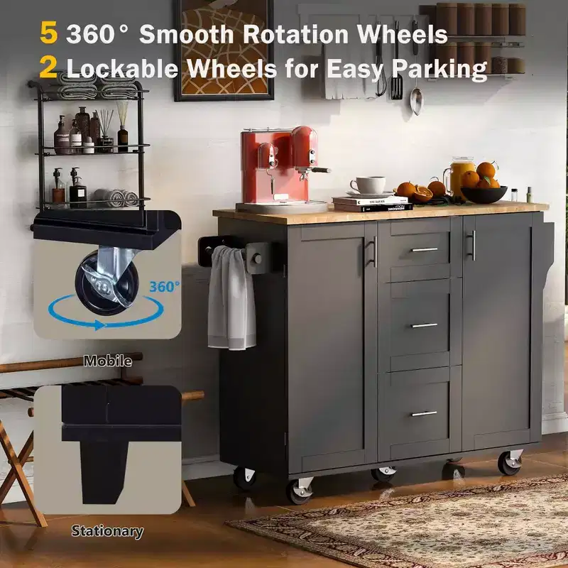 MAYEERTY Black Rolling Kitchen Island with Rubber Wood Top, 3 Drawers 2 Slide-Out Shelves Spice Rack Tower Rack