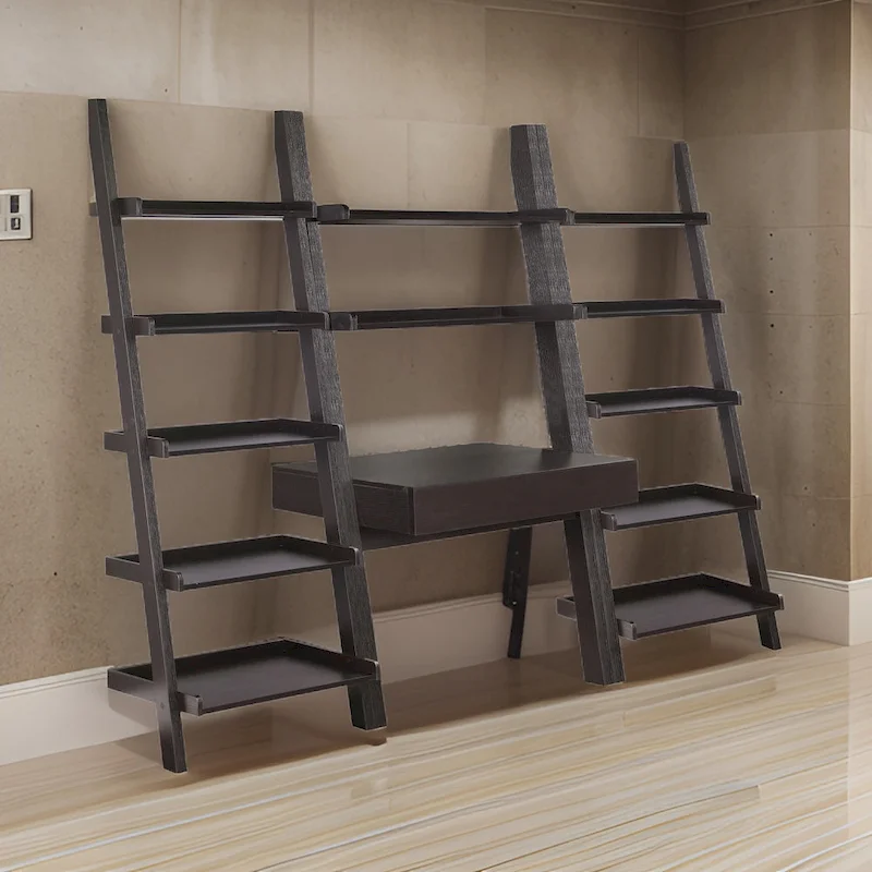 Api 3 Piece Angular Ladder Desk Set, 1 Drawer, 12 Shelves, Cappuccino Brown