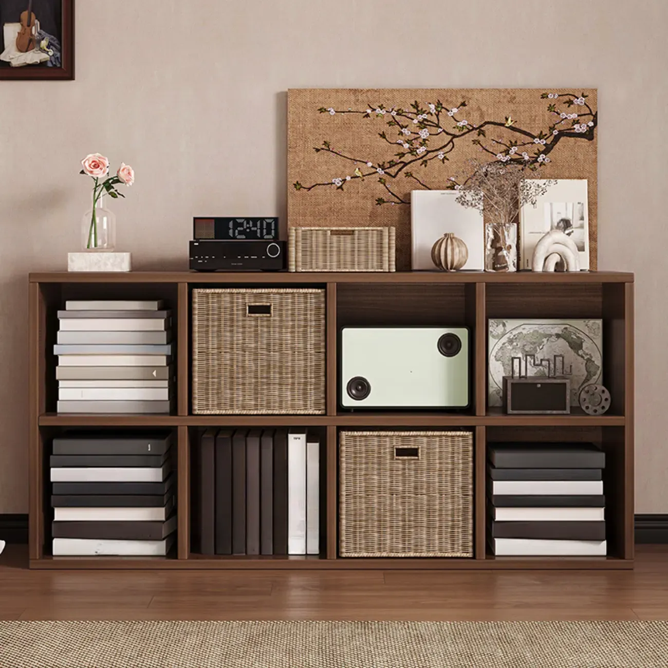 Simple Walnut 8-Cube Wood Bookcase