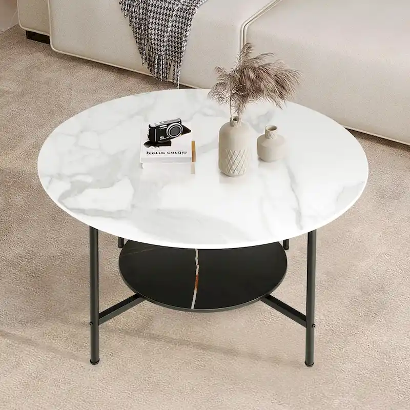 Modern Coffee Tables Round 2 Tier Sintered Stone Tabletop - 31.5 W x 18.7 H