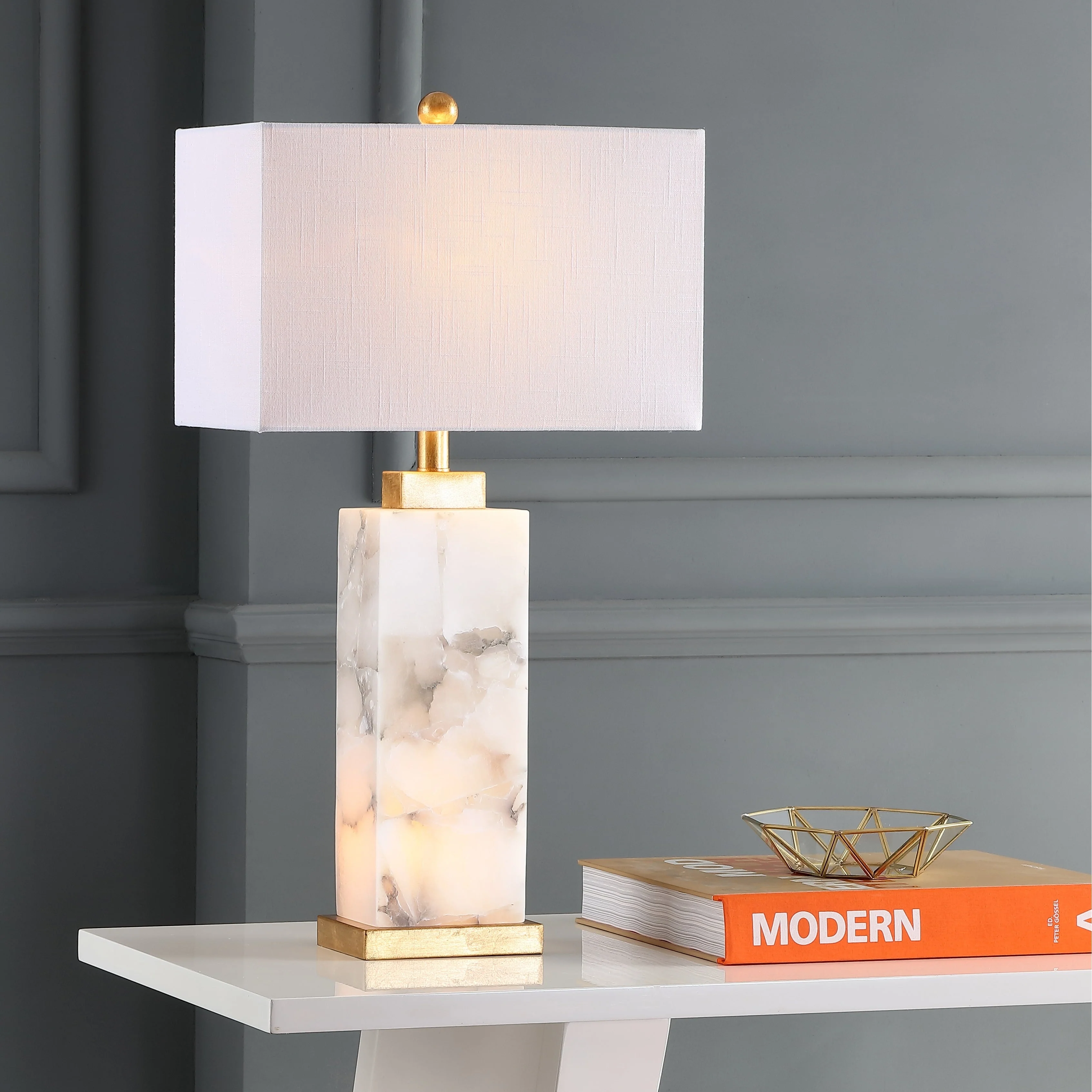 Eloise 27.5 Alabaster LED Table Lamp, White/Gold Leaf by JONATHAN Y