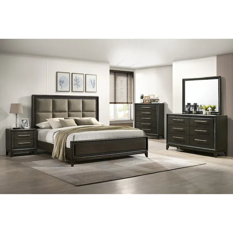 Milana 5 Piece Black Modern Contemporary Solid Wood And Veneers Fabric Bedroom Set