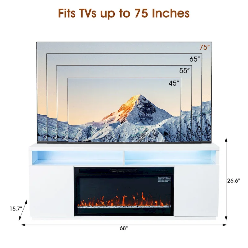 68 Modern RGB LED White TV Stands Console with 36 Fireplace