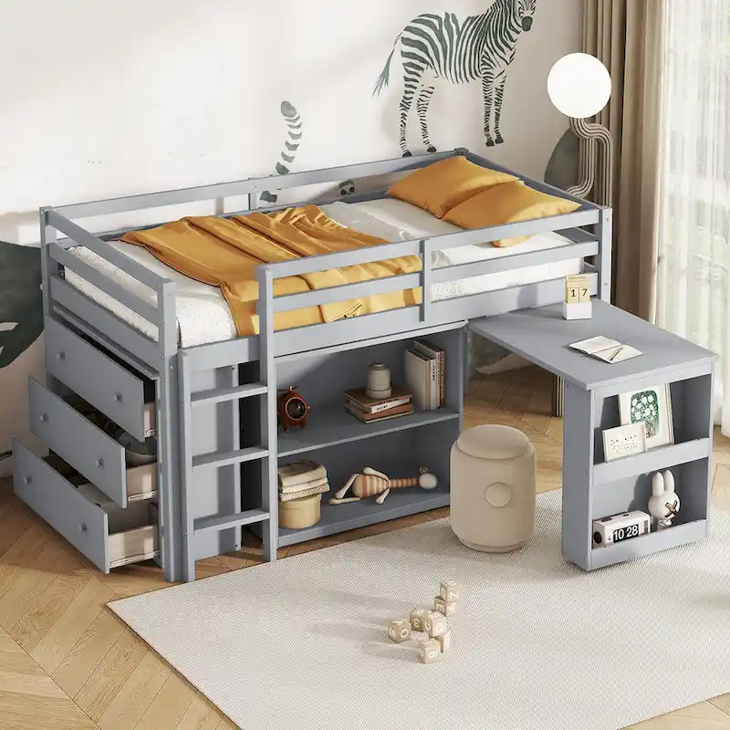 Twin Loft Bed with Pull-Out Desk, 3-Drawer Cabinet & Shelves