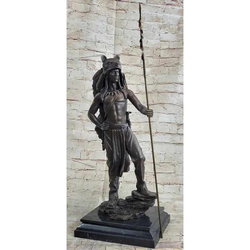 Native American Indian Warrior In Bear Skin Headdress Bronze Statue Sculpture Figure 22 Inches X X11 Inches