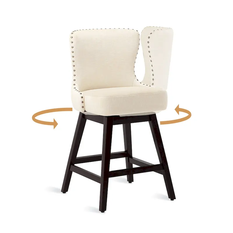 LUE BONA 26 in. Mid-Century Modern Wood Frame Swivel Bar Stools with Faux Leather and Linen Upholstered SeatSet of 4