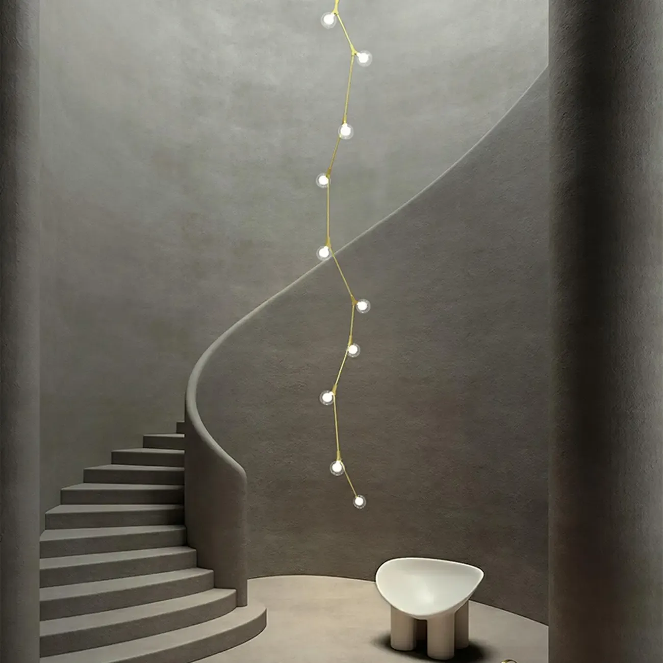 Modern Gold Branch Globe Glass Downrod Stairwell Chandelier