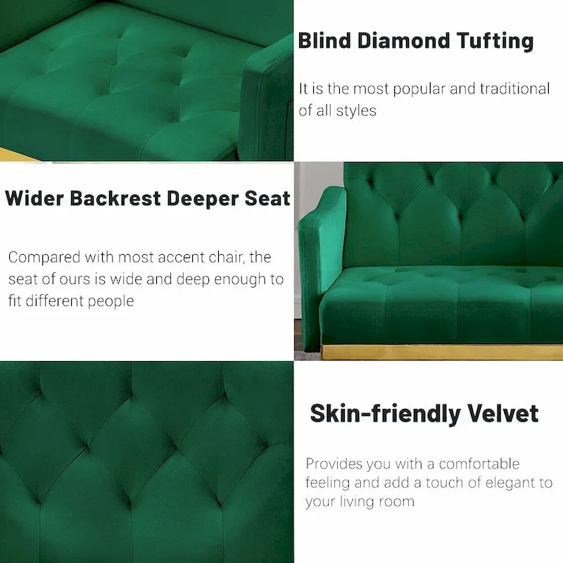 Velvet Accent Chair, Comfy Tufted Upholstered Armchair, Gold Legs - 28.7W