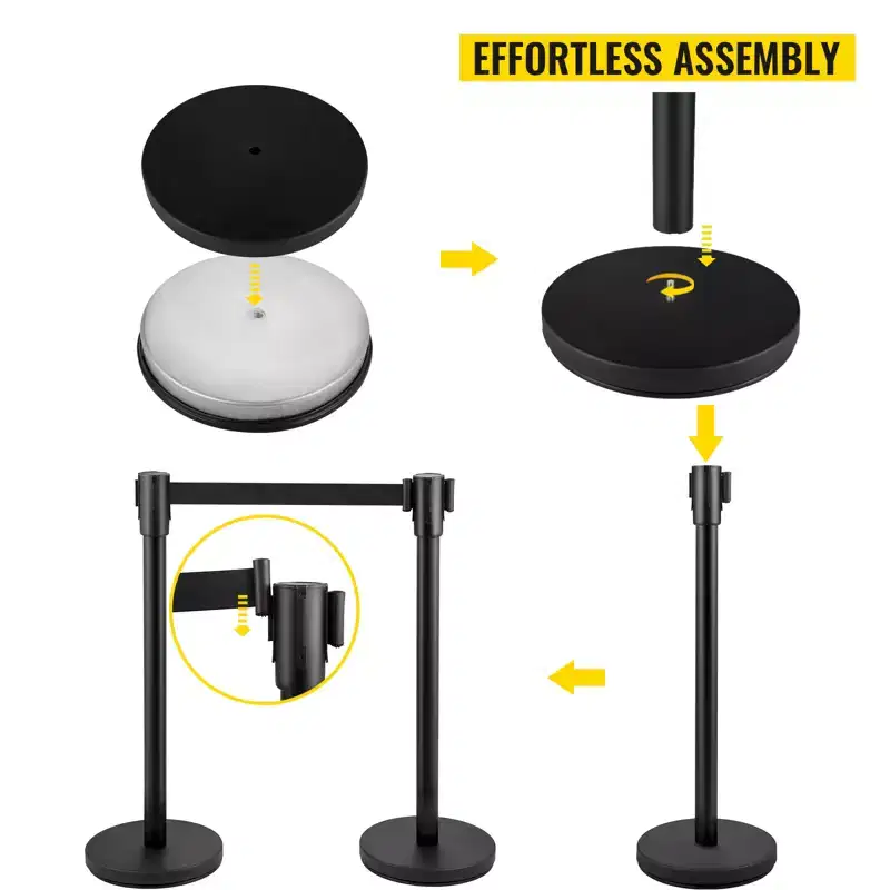 Crowd Control Stanchion with 6.6 ft/2 m Black Retractable Belt, Black Crowd Control Barrier, Black