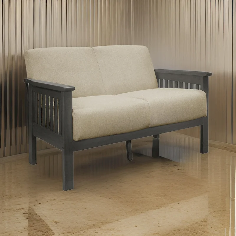 Wiston 50 Inch Loveseat, Beige Polyester, Dark Gray Solid Rubberwood