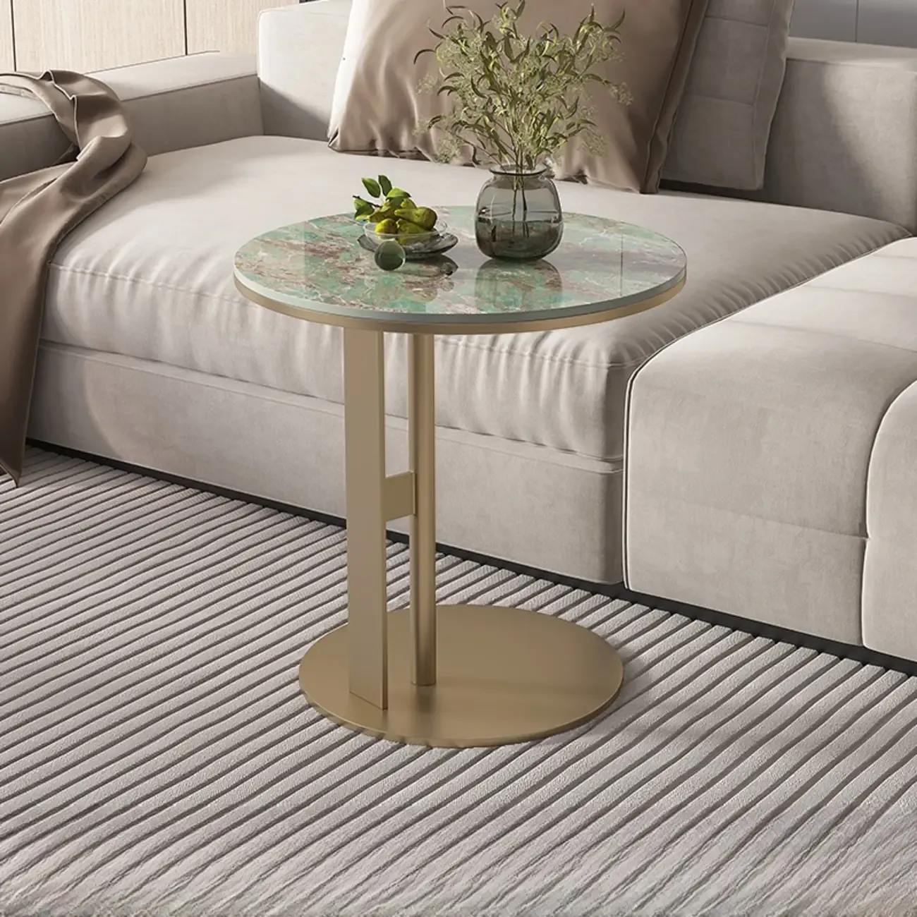 Modern C Shaped Round Sintered Stone Top Steel End Table