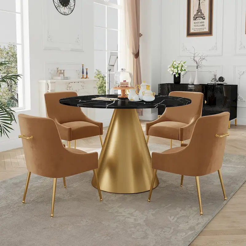 Clihome 5 Piece Black Marble Top Table with Velvet Dining Chair Set