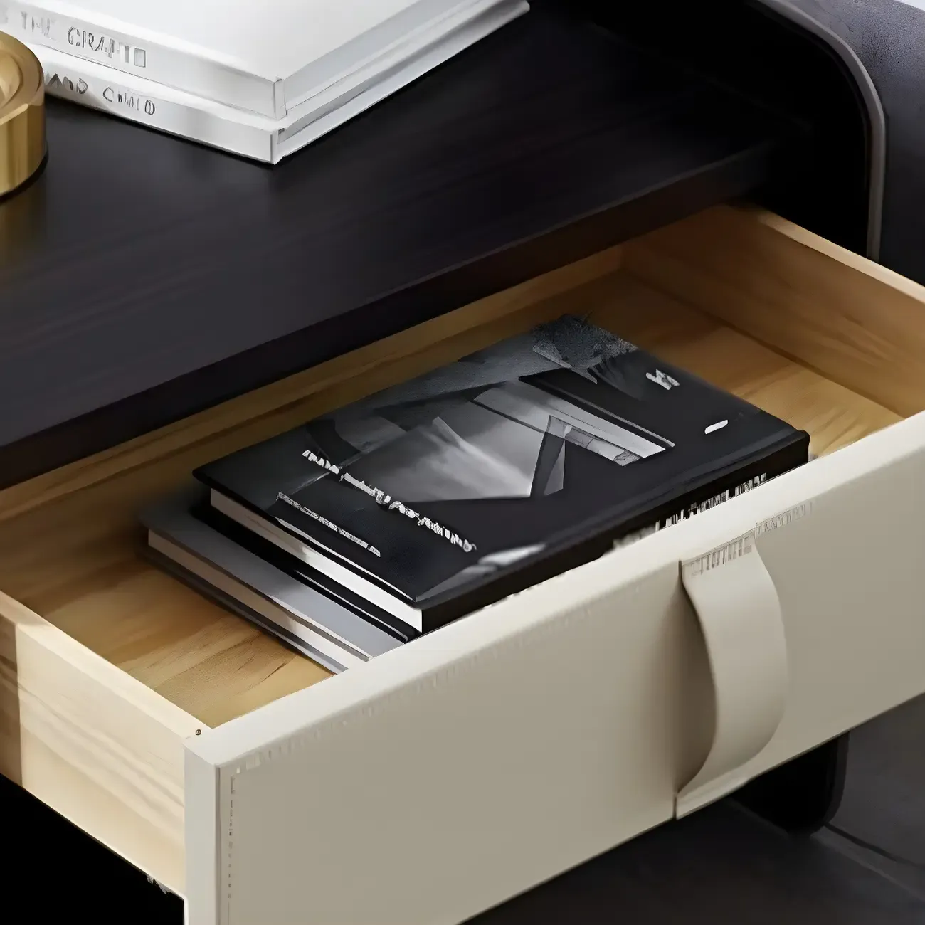 Modern 2-Tier Wood Leather Shelved Drawer Nightstand